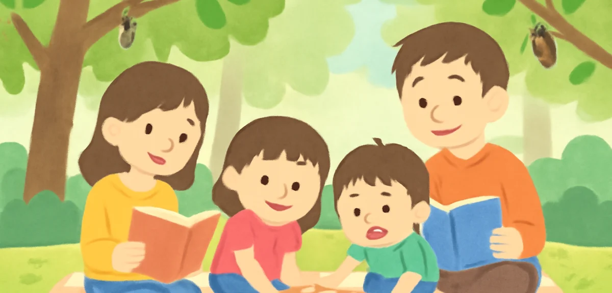An illustrated Japanese family enjoying a screen-free summer activity outdoors: parents and children