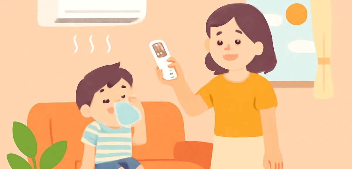 Illustration of a Japanese family at home during summer vacation, mother checking a wall air conditi