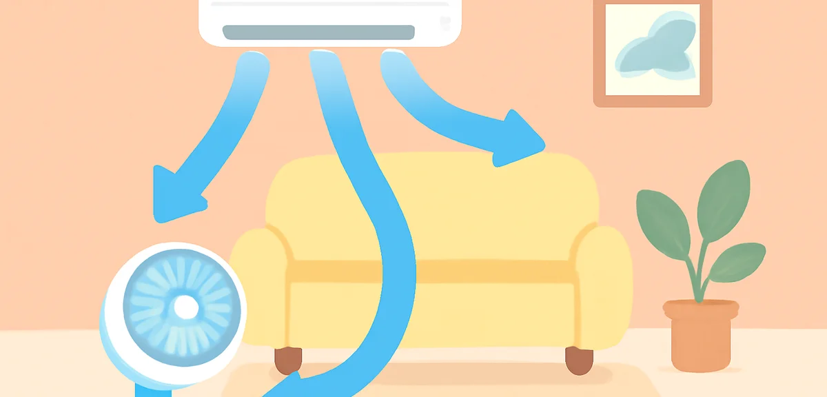 Flat illustration showing air conditioner airflow and a circulator fan pointing upward in a living r