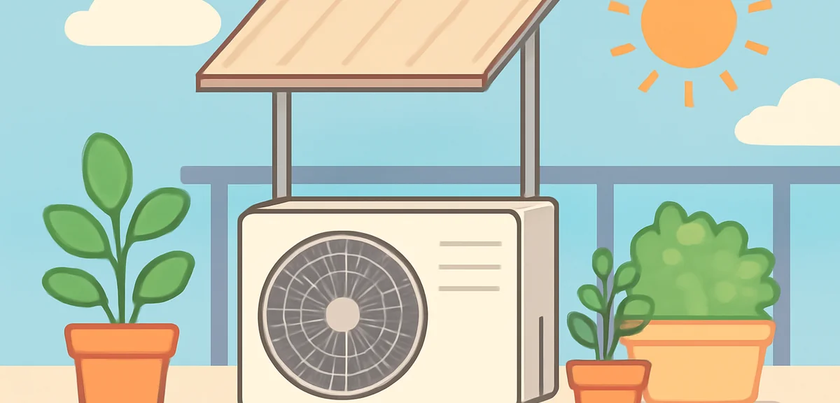 Illustration of an outdoor air conditioner condenser unit on a balcony with a simple sunshade panel 