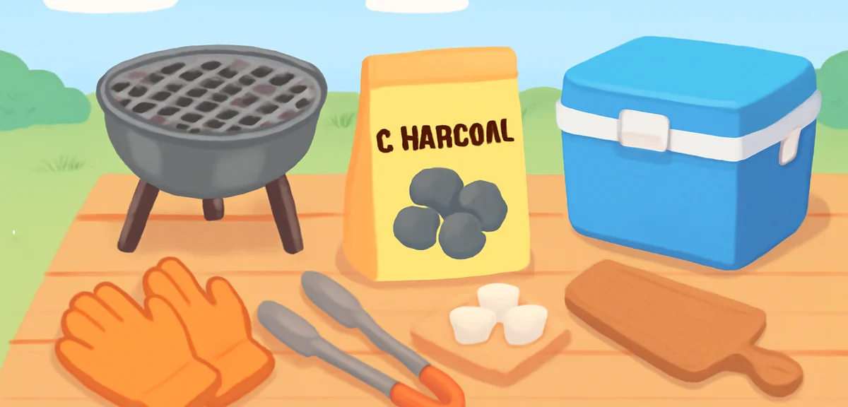 Various BBQ tools laid out on a wooden table: charcoal grill, tongs, fireproof gloves, charcoal bag,
