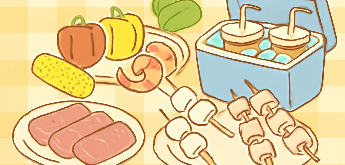 Fresh BBQ ingredients arranged on a picnic table: sliced beef, chicken skewers, corn on the cob, col