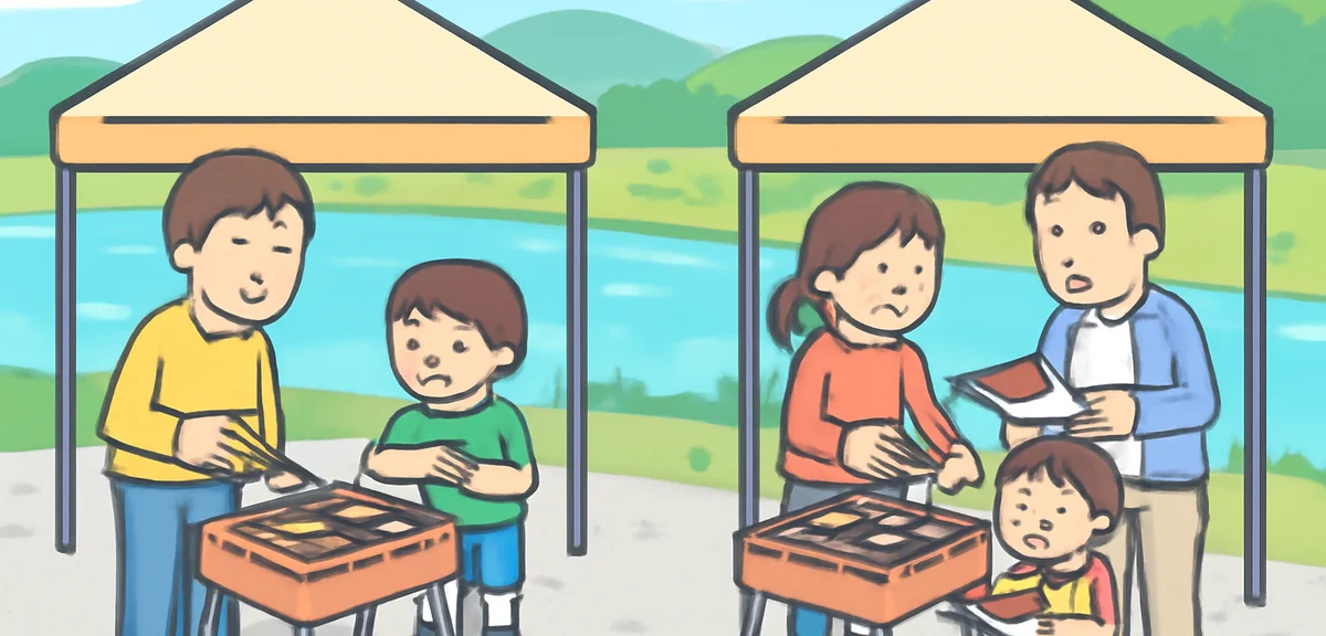 A Japanese riverside BBQ scene with families under pop-up tents, portable grills set on gravel, no o