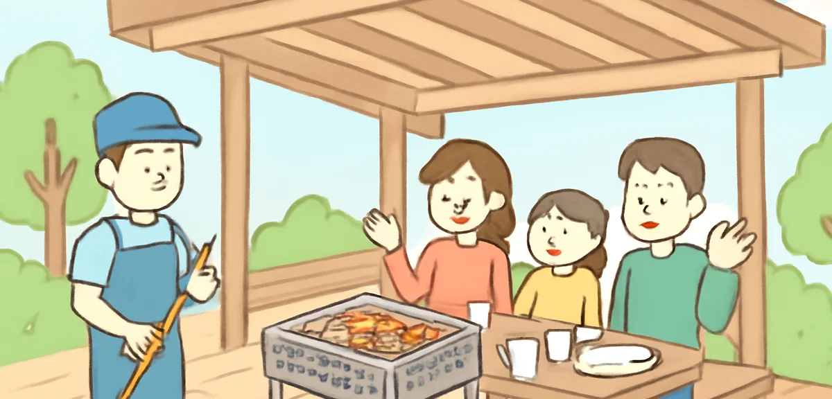 A hands-free BBQ facility in Japan with pre-set grills, staff cleaning up, families relaxing without
