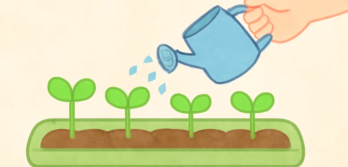 Close-up flat illustration of a green plant pot with morning glory seedlings sprouting, a child's ha