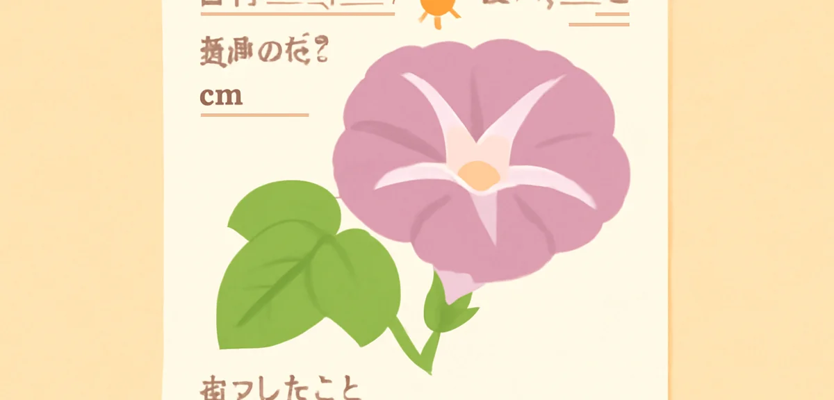A flat illustration of a Japanese first-grade child's observation notebook page showing a colored pe