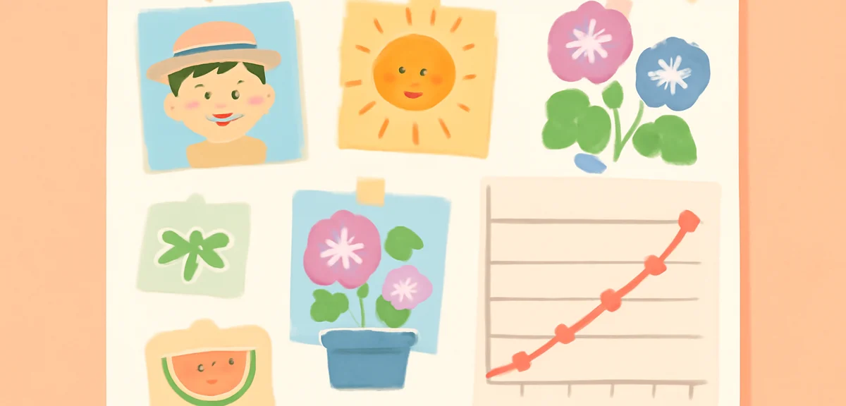 A flat illustration of a wall-mounted large white paper covered with photos, drawings, and a growth 
