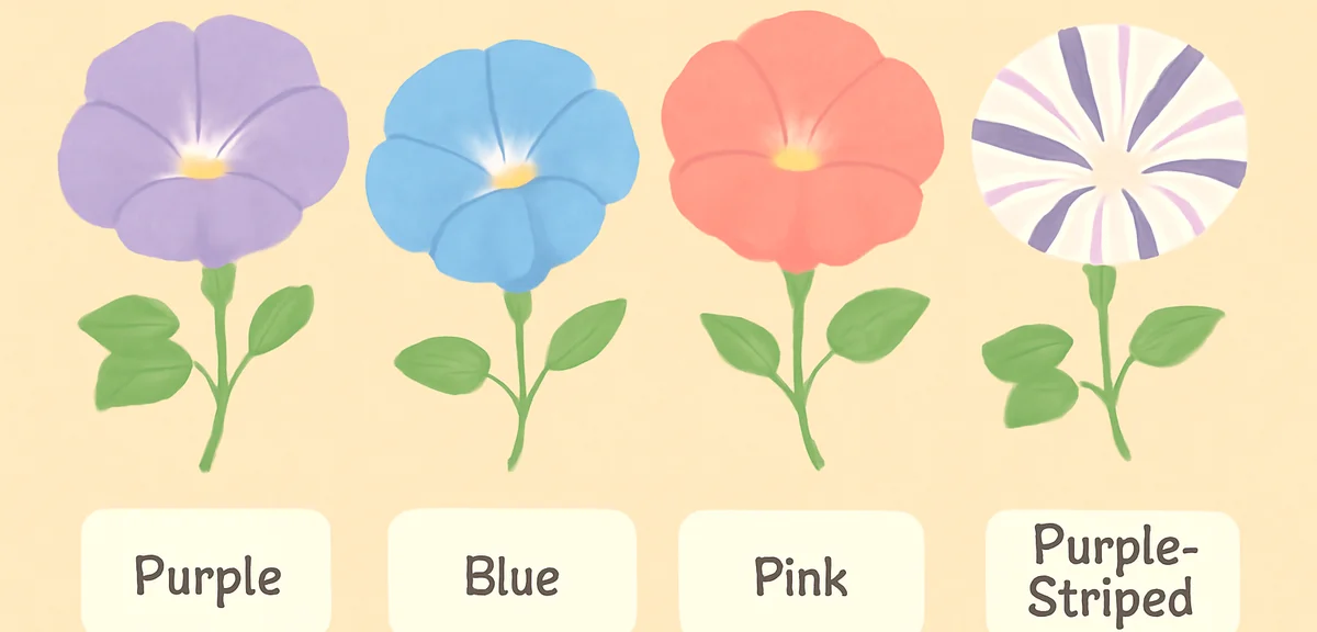 A flat illustration comparing several varieties of morning glory flowers side by side, botanical ill