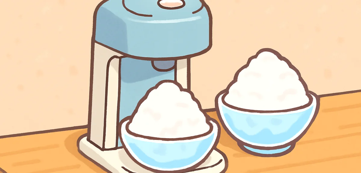 Close-up of a modern home electric shaved ice machine on a wooden kitchen counter with fluffy shaved