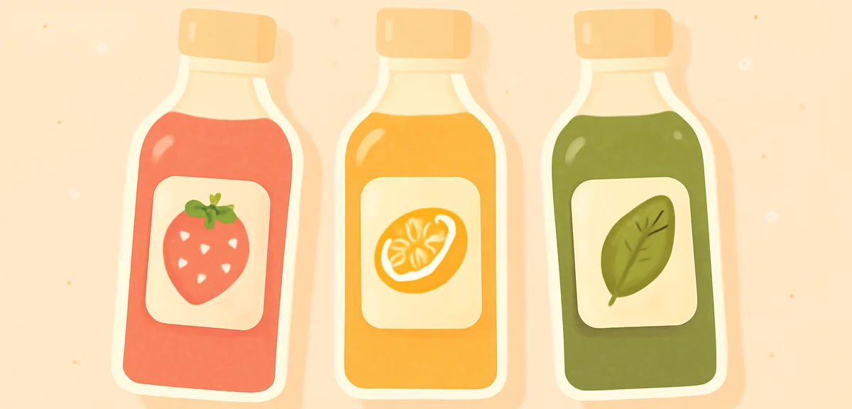 Three small glass bottles of homemade shaved ice syrup in strawberry lemon and matcha colors flat la