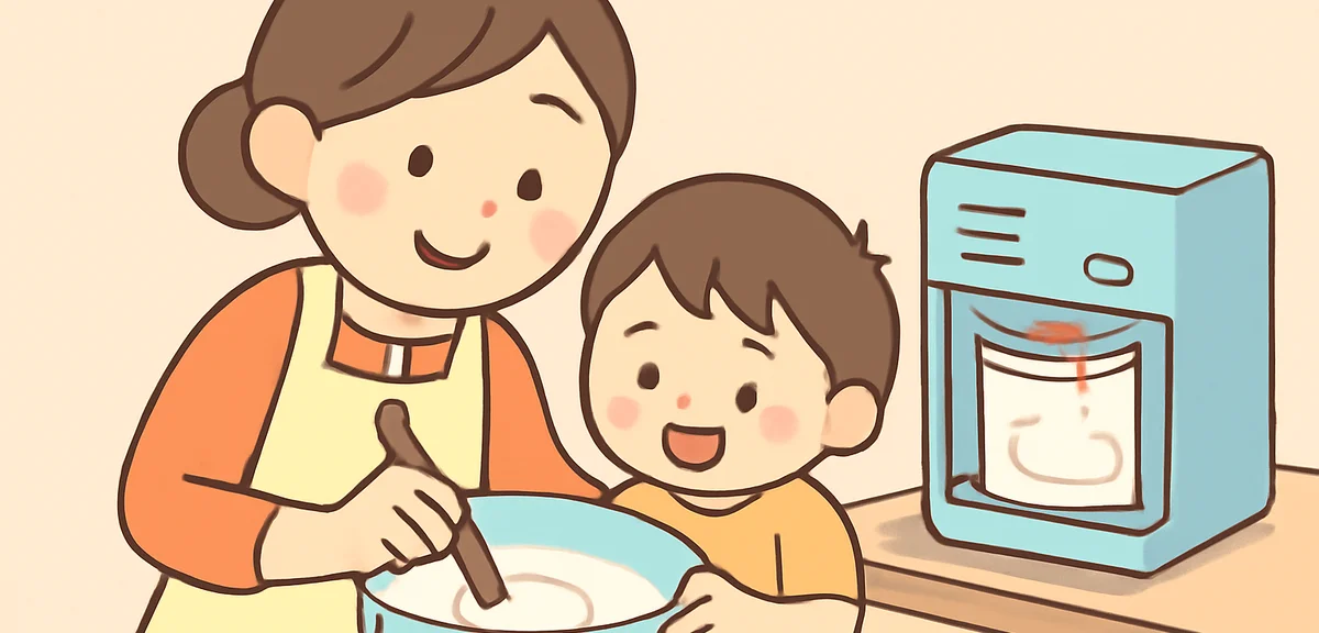 A mother and child mixing ice cream base in a bowl with a countertop ice cream maker in the backgrou