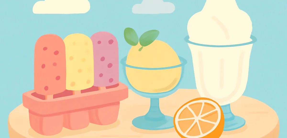 Colorful homemade frozen desserts on a summer table fruit popsicles in silicone molds sherbet with m