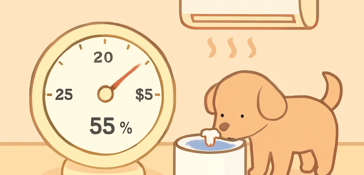 Close-up illustration of a room thermometer showing 25 degrees Celsius and 55 percent humidity, a sm