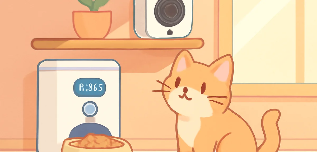 Illustration of an automatic pet feeder with a timer display, a pet camera mounted on a shelf, and a