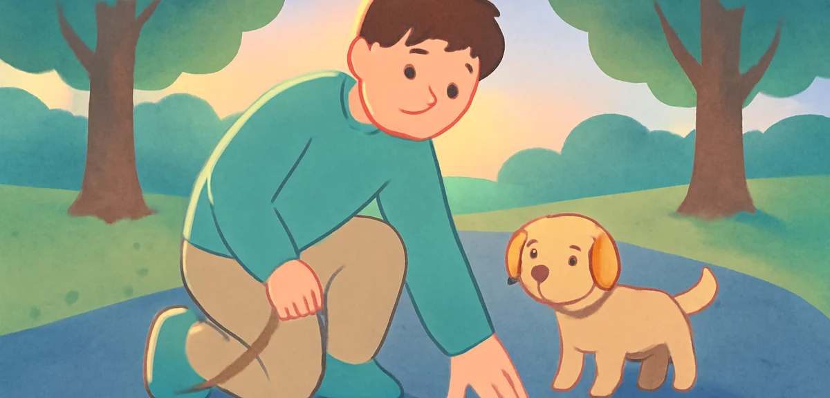 Illustration of a person walking a small dog on a shaded park path in the early evening, checking as