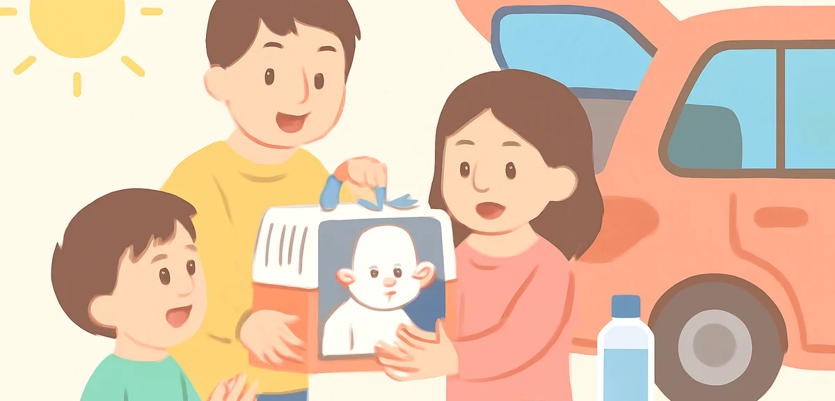 Illustration of a family loading a pet carrier with a small dog into a car for a summer trip, sunsha