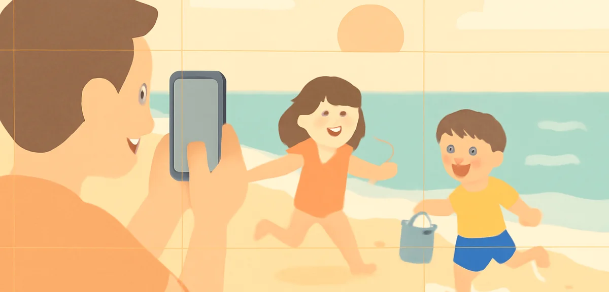 Flat illustration of a parent taking a smartphone photo of children playing at a summer beach, soft 