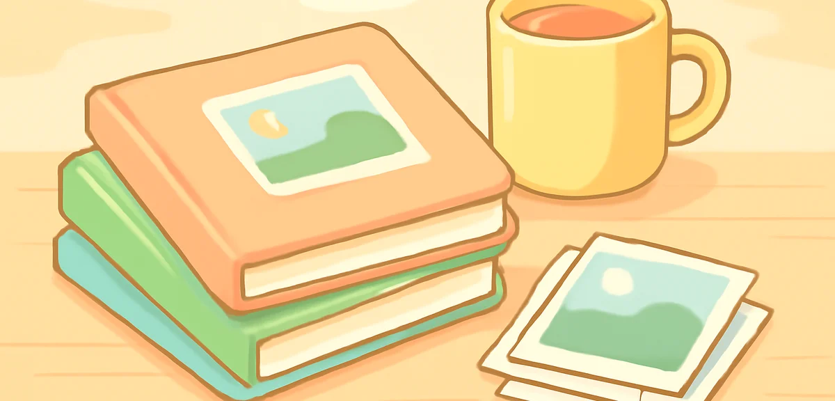 Flat illustration of several photo books and square photo prints stacked on a table with a mug of te