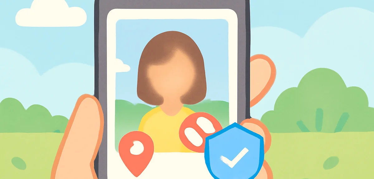 Flat illustration of a smartphone screen showing a photo with a blurred face and a location pin cros