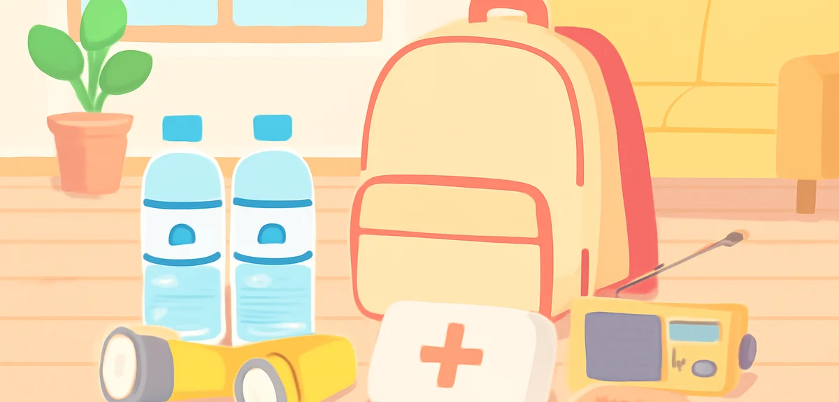 Emergency preparedness backpack contents laid out neatly on a wooden floor, including water bottles,