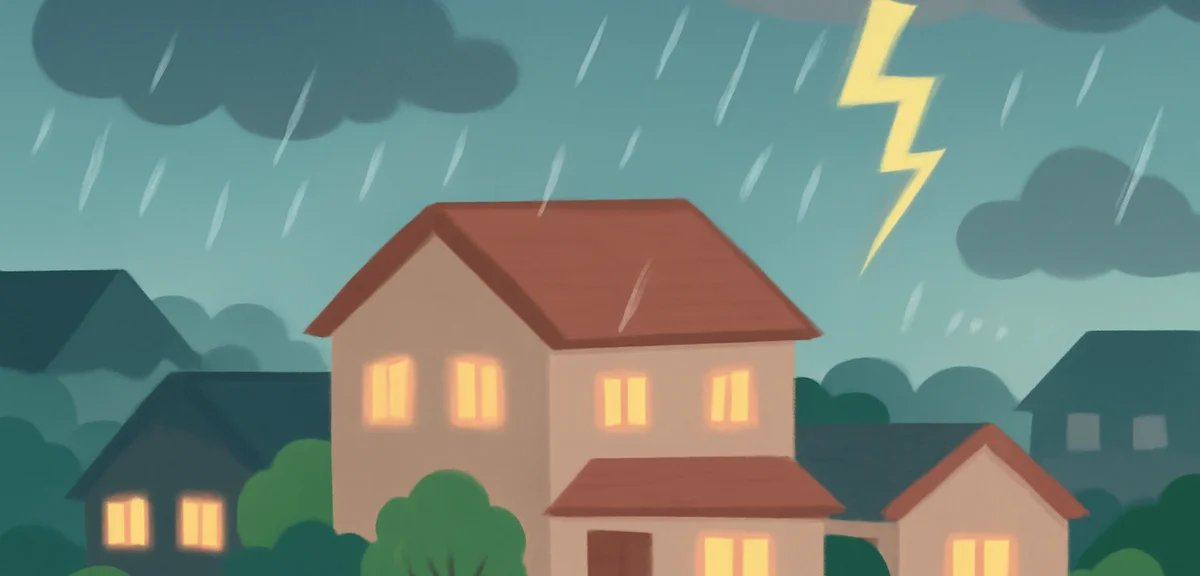 A summer thunderstorm with heavy rain and lightning over a Japanese suburban neighborhood, house lig