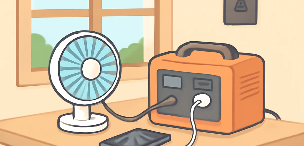A portable power station connected to a small fan and smartphone chargers on a table in a Japanese h