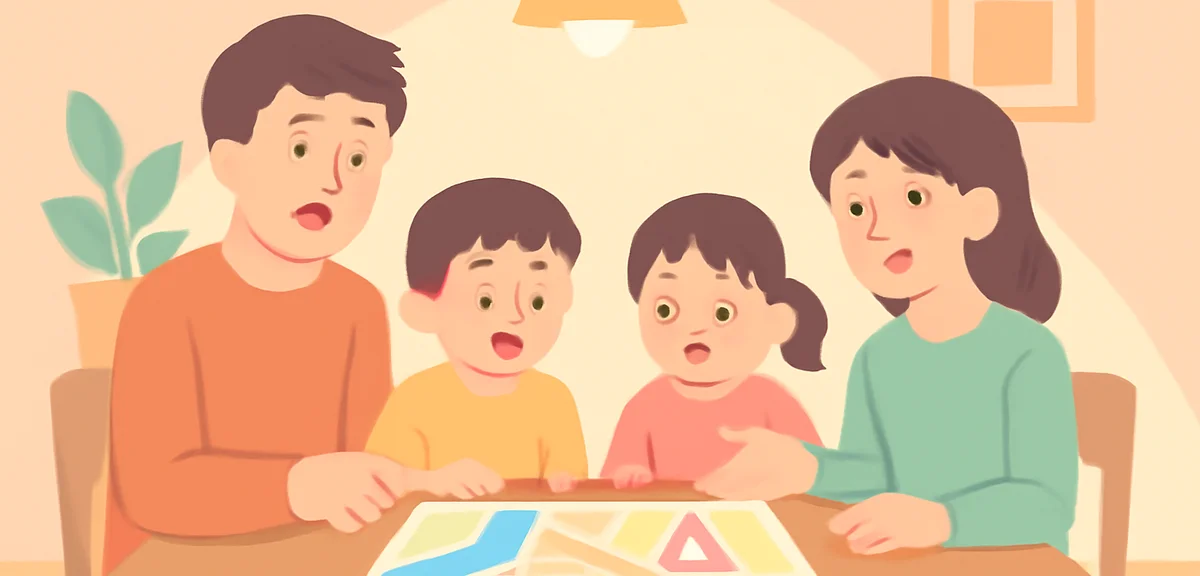 A Japanese family looking at a hazard map together at the dining table, parents and two children, di