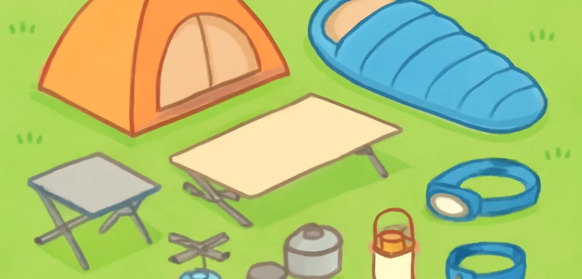 Neatly arranged solo camping gear laid out on grass: compact one-person tent, lightweight sleeping b