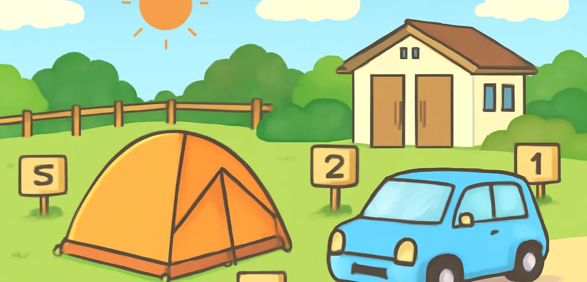 A well-maintained Japanese managed campsite with numbered plot sites, a small car parked next to a s