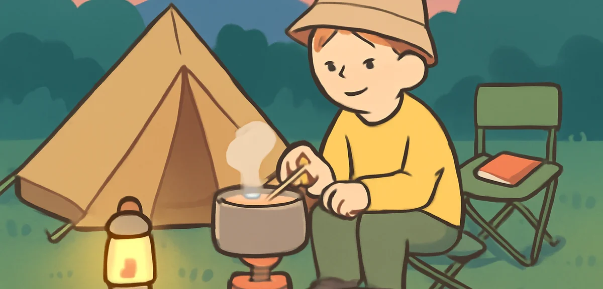 A solo camper cooking a simple one-pot meal on a single burner at dusk, small mess kit, warm LED lan