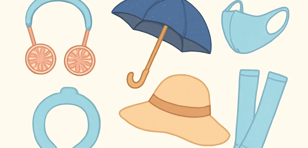 Illustration of outdoor summer cooling goods lined up: handheld neck fan, PCM neck cooler ring, UV p