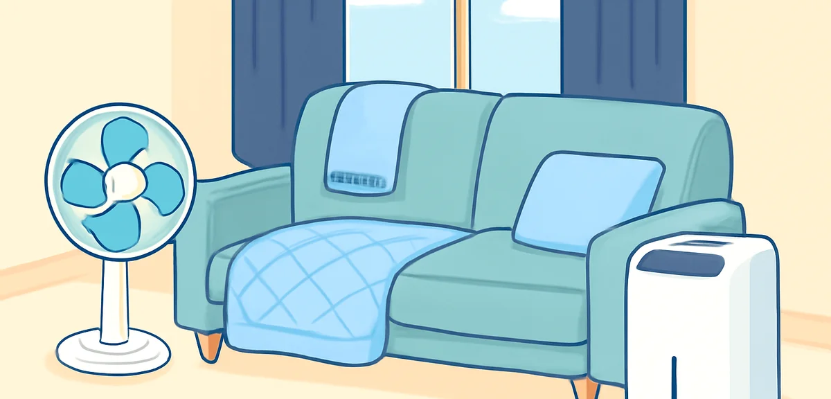 Illustration of a Japanese living room with a circulator fan, dehumidifier, blackout curtains partly