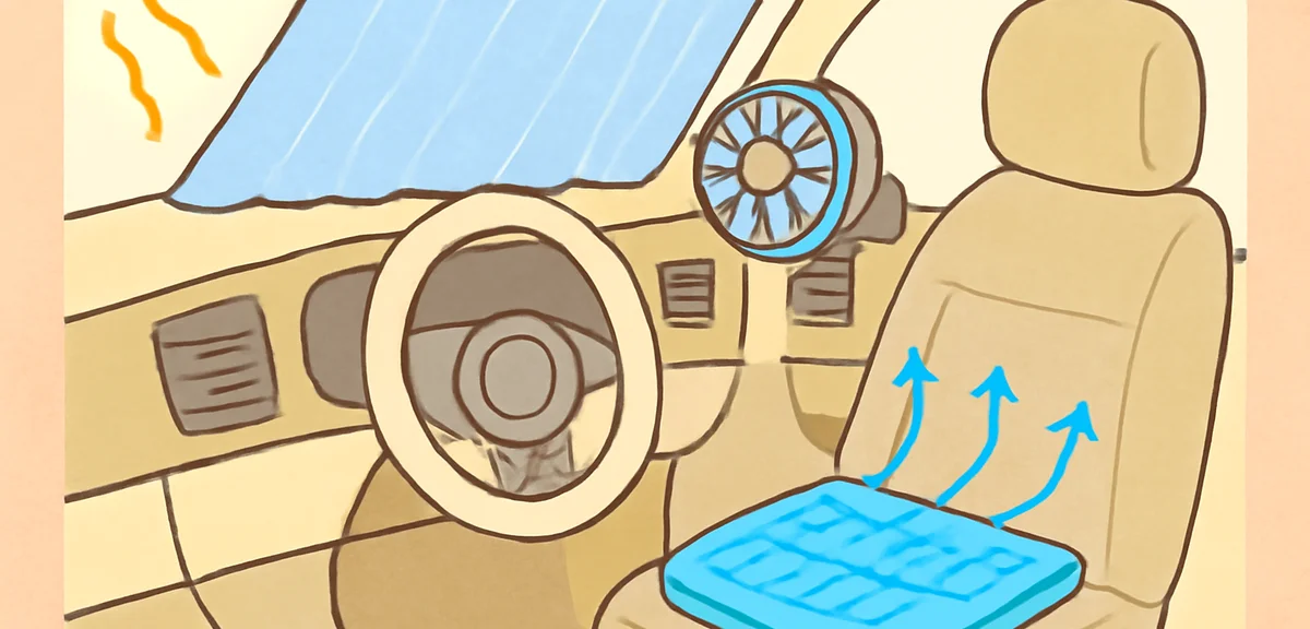 Illustration of a car interior with a windshield sunshade, steering wheel cover, small clip-on car f