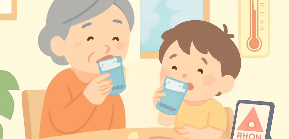 Illustration of a grandparent and grandchild at home drinking oral rehydration solution, salt tablet
