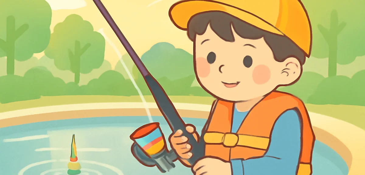 Close-up of a small elementary school boy in a life jacket holding a short beginner spinning rod at 