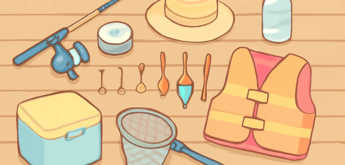 Top-down flat lay of beginner family fishing gear on a wooden deck: short spinning rod, small reel, 