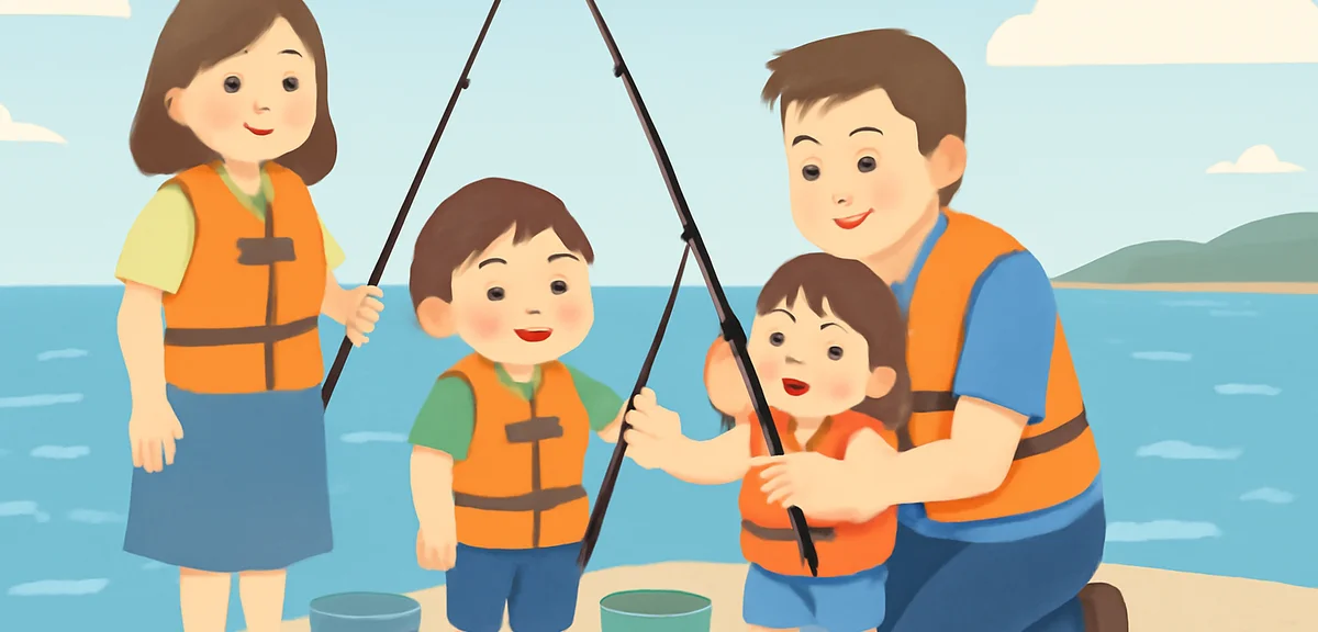 A Japanese family fishing from a safe concrete pier by the sea in summer, everyone wearing bright li