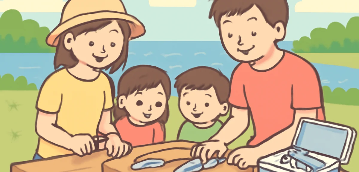 A family cleaning and preparing small fish they caught on an outdoor table near a river or lake in s