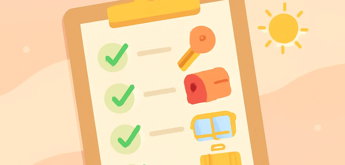 Flat illustration checklist on a clipboard with icons of a key, mailbox, window, sun and suitcase, p