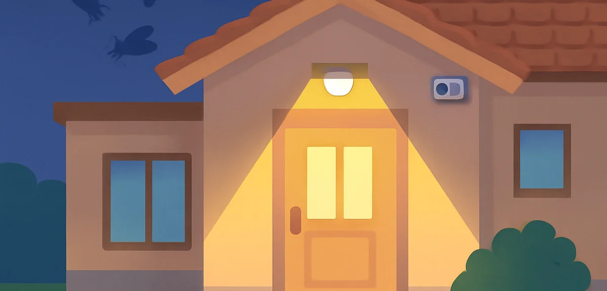Modern Japanese house exterior with motion sensor light illuminating the entrance at night, small se