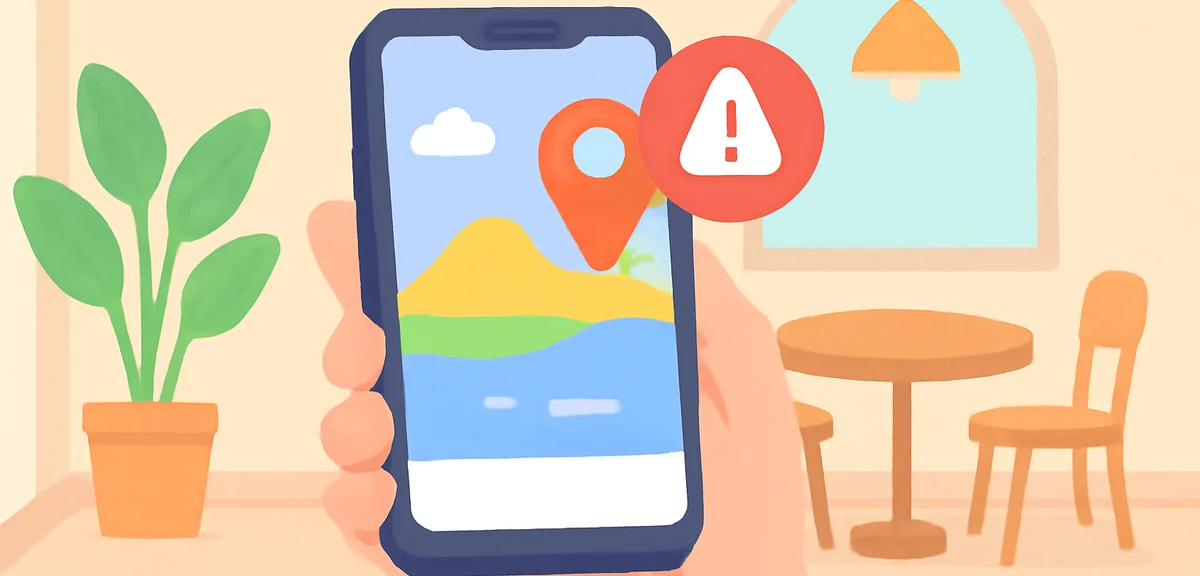 Smartphone screen showing a travel photo with a red warning icon over a location pin, hand holding p