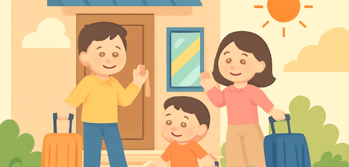 Family returning home with suitcases at a Japanese entrance in summer, checking the front door and w