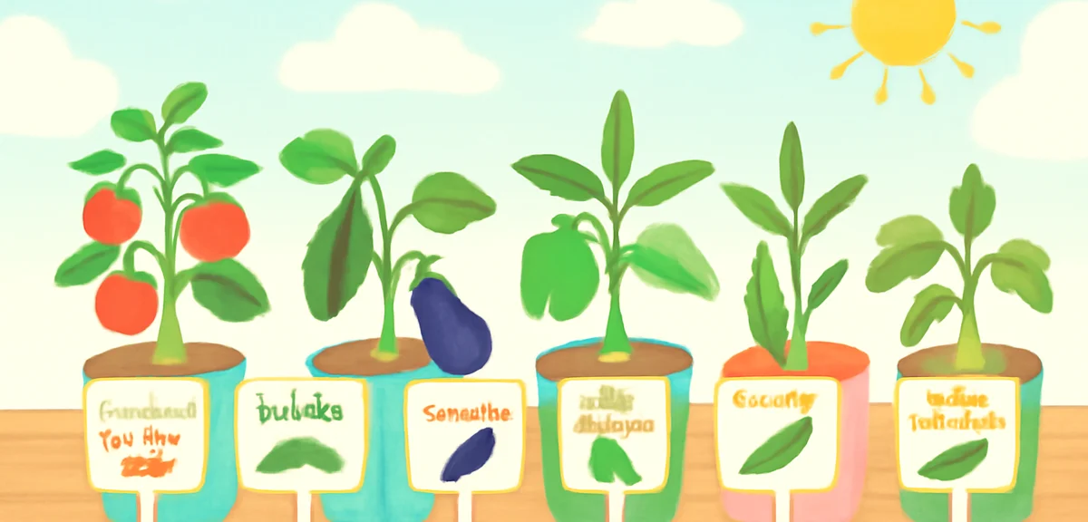 A flat illustration of an array of easy-to-grow Japanese summer vegetables lined up in small nursery