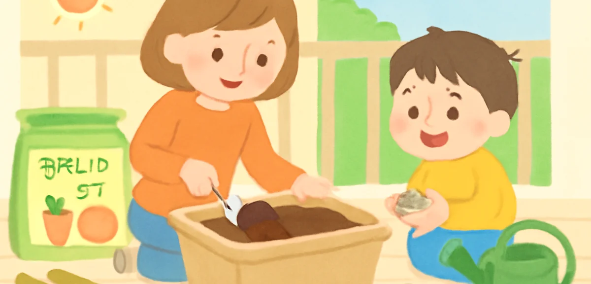 A flat illustration showing a child and parent preparing a deep rectangular planter on a sunny veran