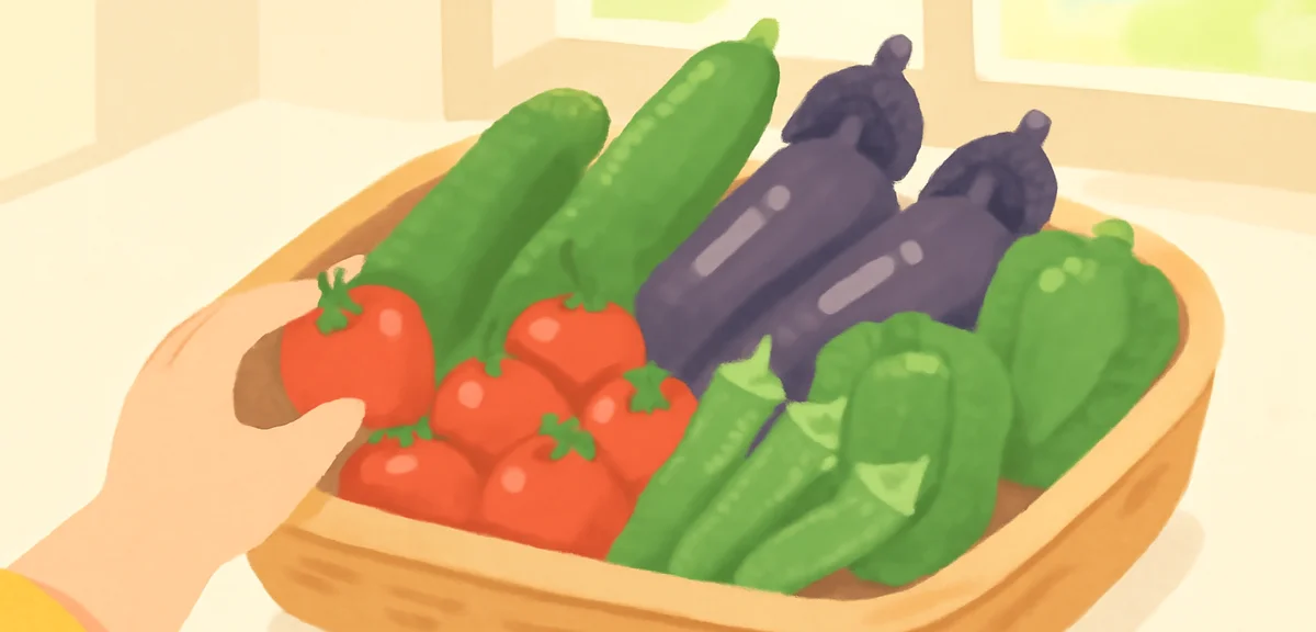 A flat illustration of freshly harvested homegrown summer vegetables arranged in a wooden basket on 