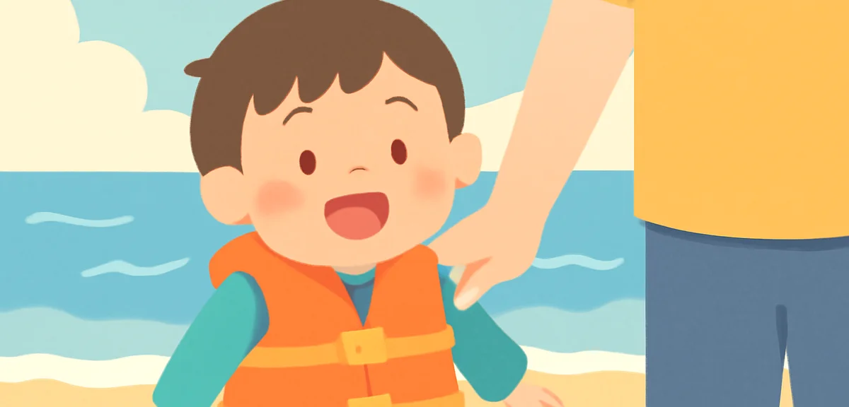 A Japanese child wearing a bright orange life jacket at the seaside, held by a parent, gentle waves 