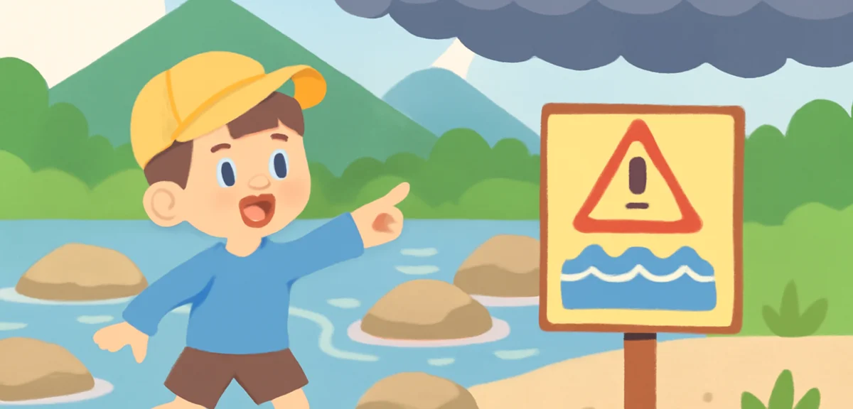 A river safety scene in Japan showing a mountain stream with rocks, warning sign about sudden rising