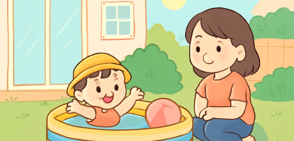 A backyard vinyl pool in a Japanese home with a small child and a watchful parent seated close by, s