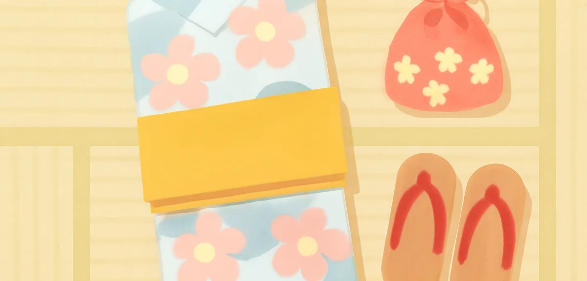 Flat lay of a folded women's yukata with a half-width obi, wooden geta sandals and a small kinchaku 