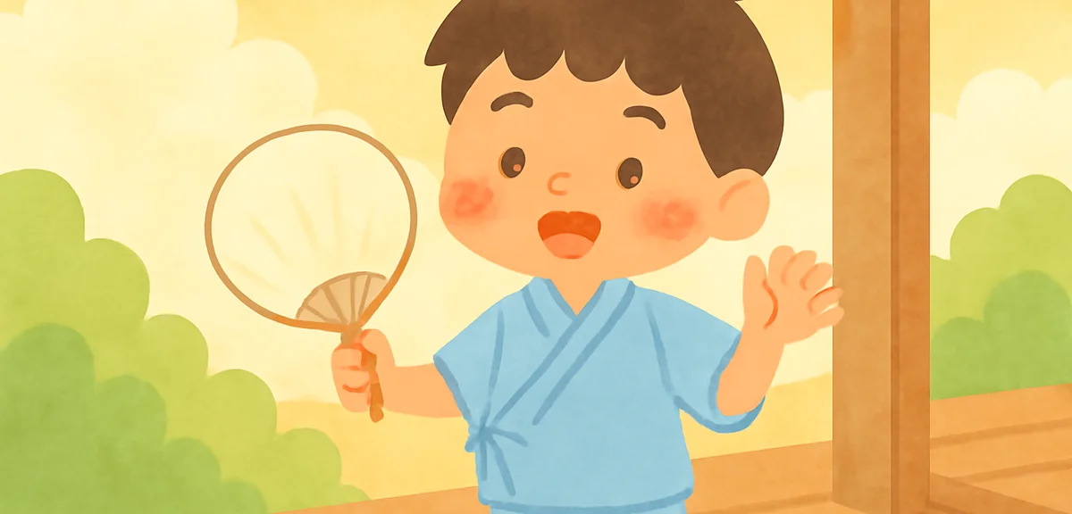 A young boy wearing a light blue jinbei standing in a wooden porch with a hand fan, bright summer af